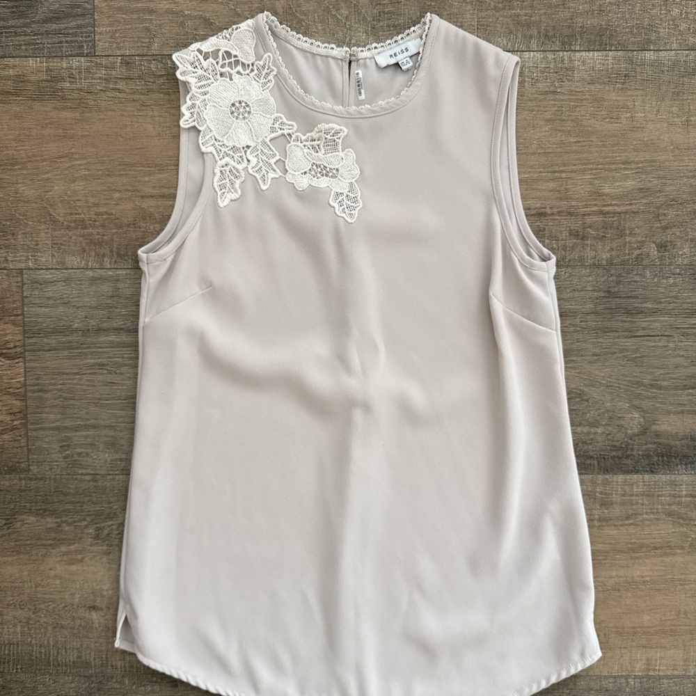 REISS Aubrey Lace Detail Sleeveless Top | Taupe Beige Neutral Career Minimalist